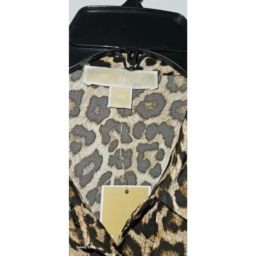Michael Kors Women's Dark Camel Leopard Print Long Sleeve Tunic Blouse Top L NWT